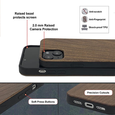 For Iphone 13 Real Wood Hybrid Case w/ Inner TPU - Walnut