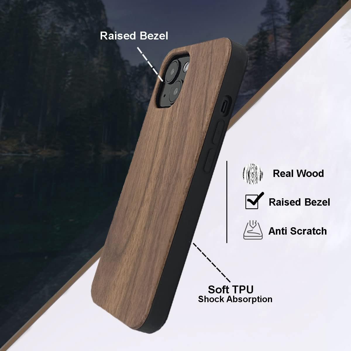 For Iphone 15 Real Wood Hybrid Case w/ Inner TPU - Walnut