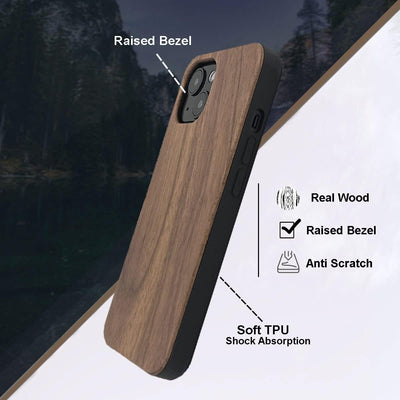 For Iphone 13 Real Wood Hybrid Case w/ Inner TPU - Walnut