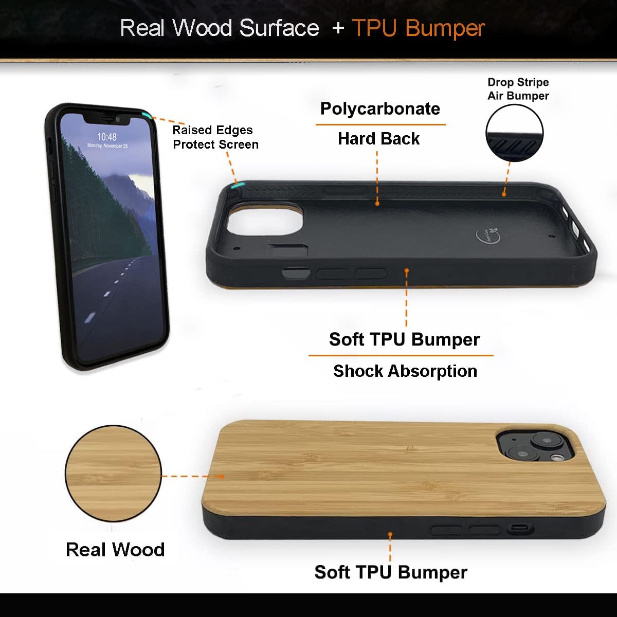 For Iphone 15 Real Wood Hybrid Case w/ Inner TPU - Bamboo