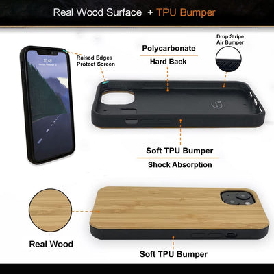 For Iphone 14 Real Wood Hybrid Case w/ Inner TPU - Bamboo