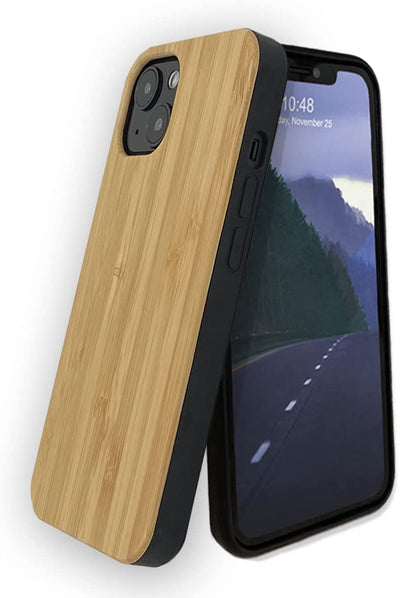 For Iphone 14 Real Wood Hybrid Case w/ Inner TPU - Bamboo