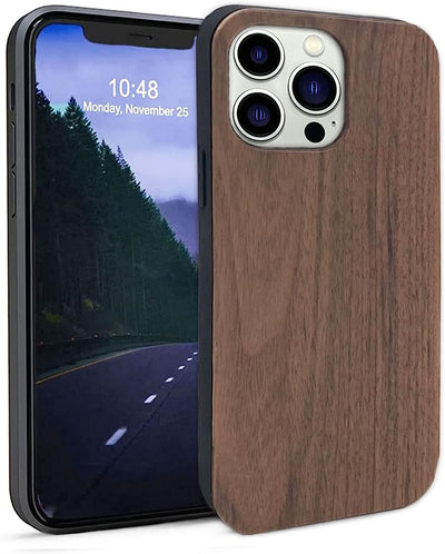 For Iphone 13 Pro Real Wood Hybrid Case w/ Inner TPU - Walnut