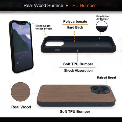 For Iphone 13 Pro Real Wood Hybrid Case w/ Inner TPU - Walnut