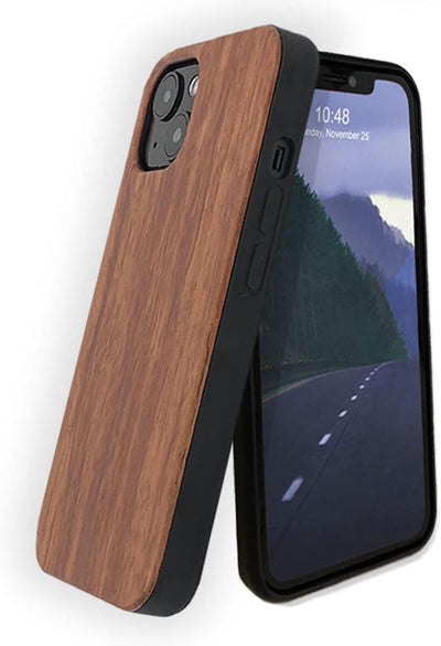 For Iphone 13 Real Wood Hybrid Case w/ Inner TPU - Rosewood