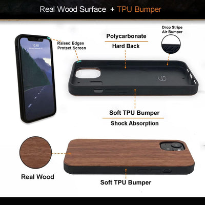 For Iphone 14 Real Wood Hybrid Case w/ Inner TPU - Rosewood