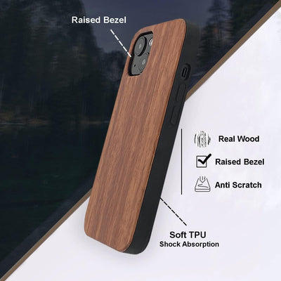 For Iphone 14 Real Wood Hybrid Case w/ Inner TPU - Rosewood