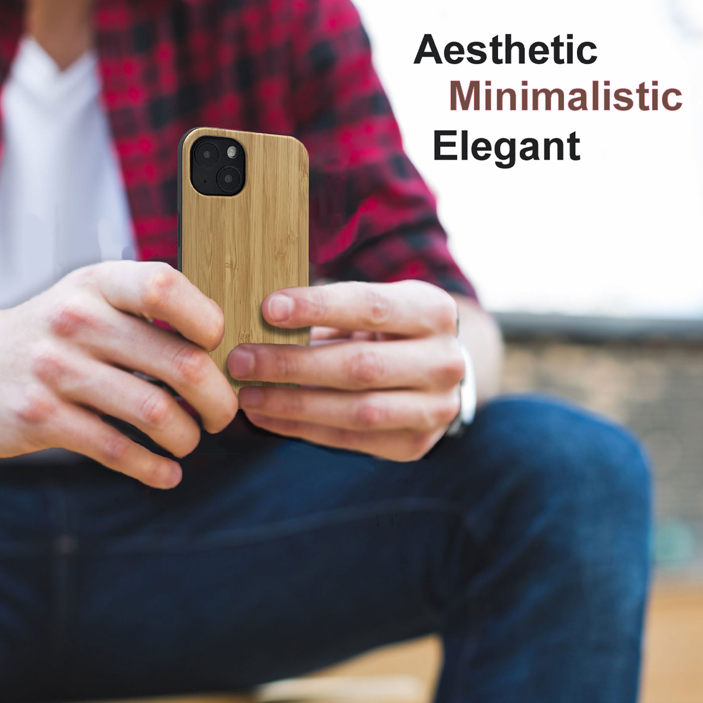 For Iphone 15 Real Wood Hybrid Case w/ Inner TPU - Bamboo