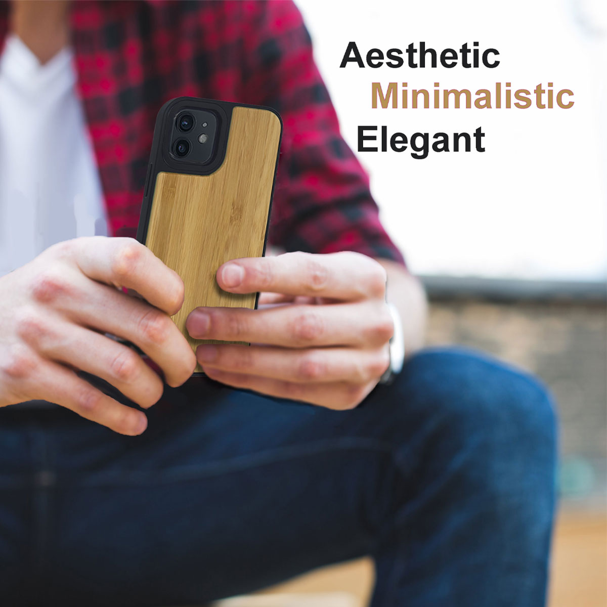 For Iphone 12 / 12 Pro Real Wood Hybrid Case w/ Inner TPU - Bamboo