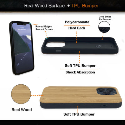 For Iphone 13 Pro Real Wood Hybrid Case w/ Inner TPU - Bamboo