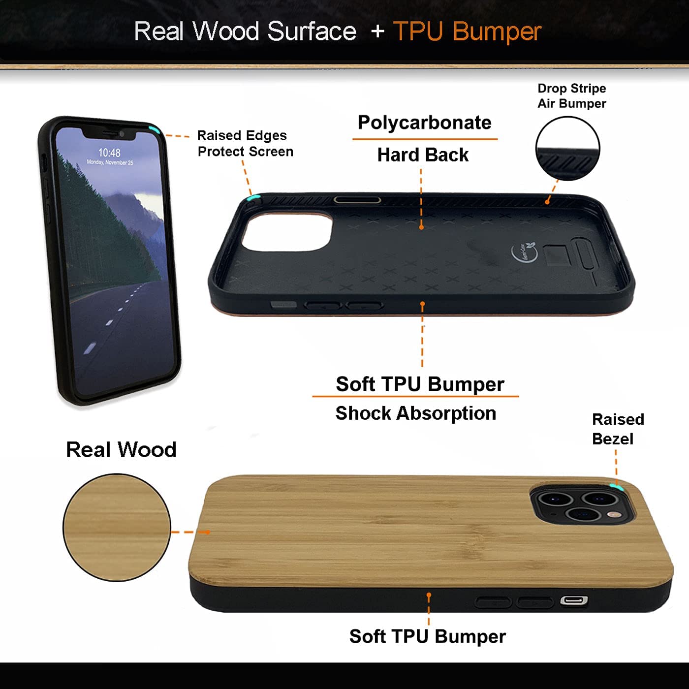For Iphone 12 Pro Max Real Wood Hybrid Case w/ Inner TPU - Bamboo