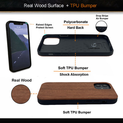 For Iphone 12  / 12 Pro / 12 Pro Max / 12 Mini Real Wood Hybrid Case w/ Inner TPU - Rosewood